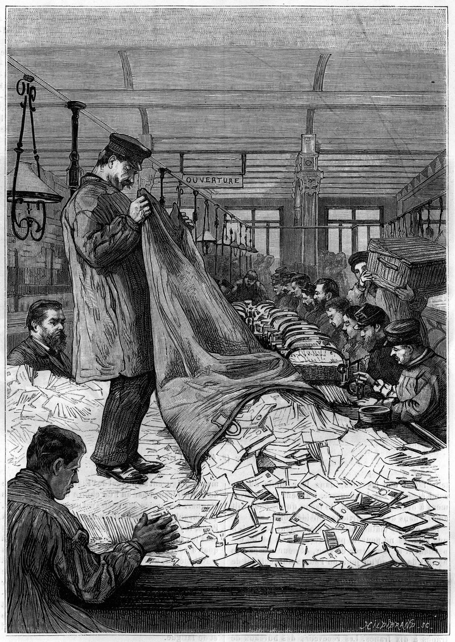 De store bogstavtabeller i sorteringscentrene på Hotel des Postes på Rue du Louvre i Paris. Indgravering i journalen "" La jeunesse"" af Unknown artist