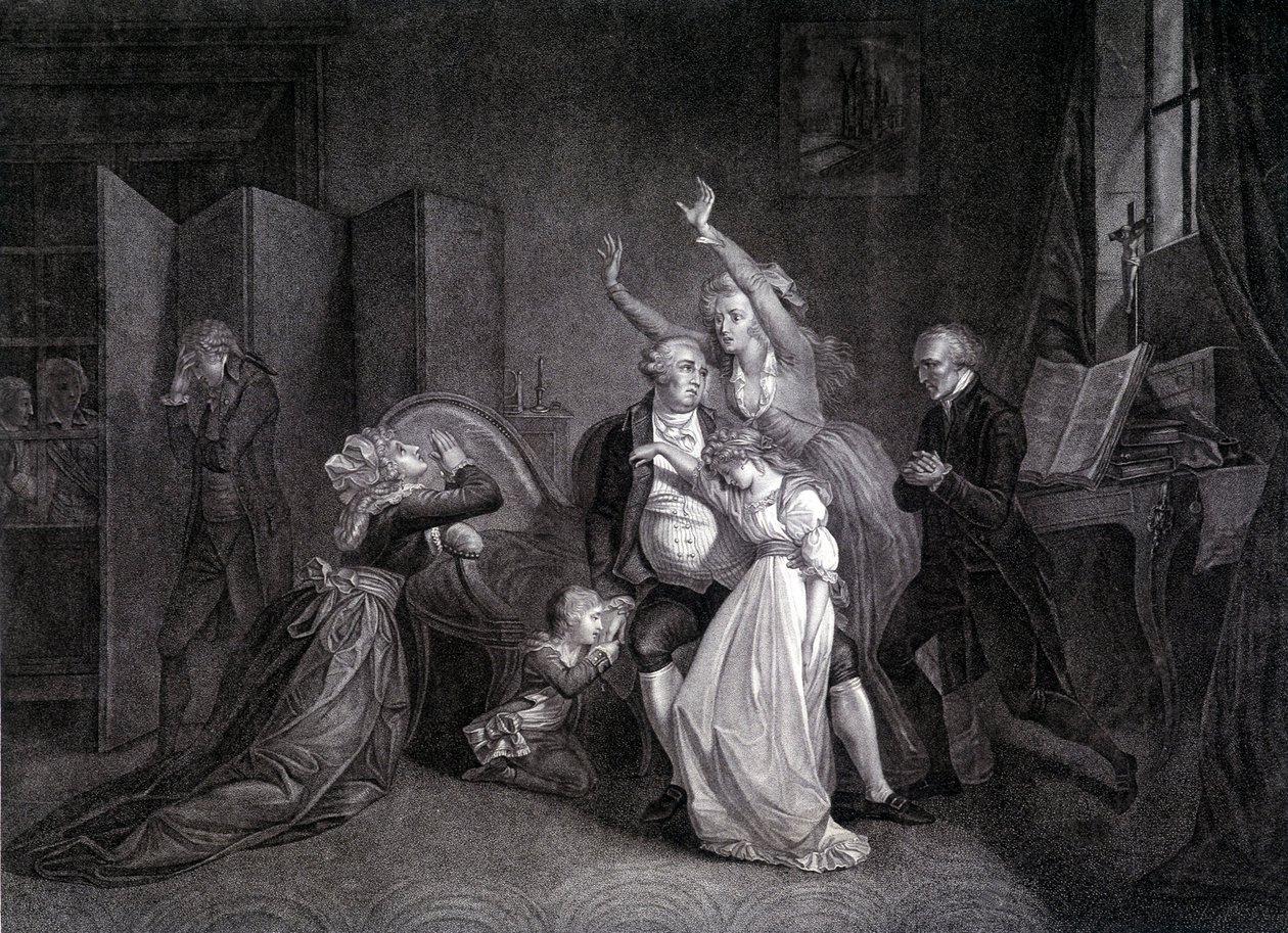 Det sidste interview af Louis XVI med hans familie (Marie Antoinette og Louis XVII). Indgravering af det 19. århundrede. af Unknown artist