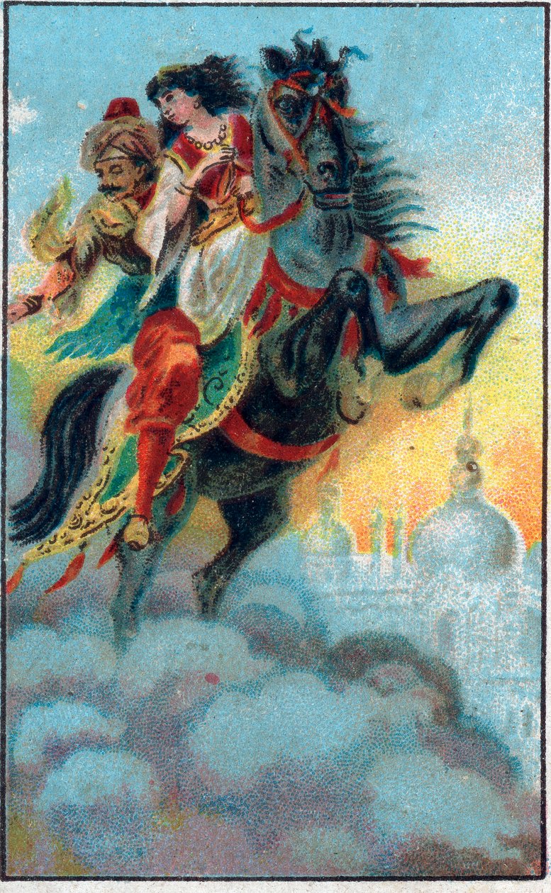 Lækagen. Fortælling "" Historien om den fortryllede hest""" i "" De tusind og en nat""" (de 1001 nætter eller Le mille e una notte, Arabian Nights). Kromolitografi i slutningen af ​​det 19. århundrede. af Unknown artist
