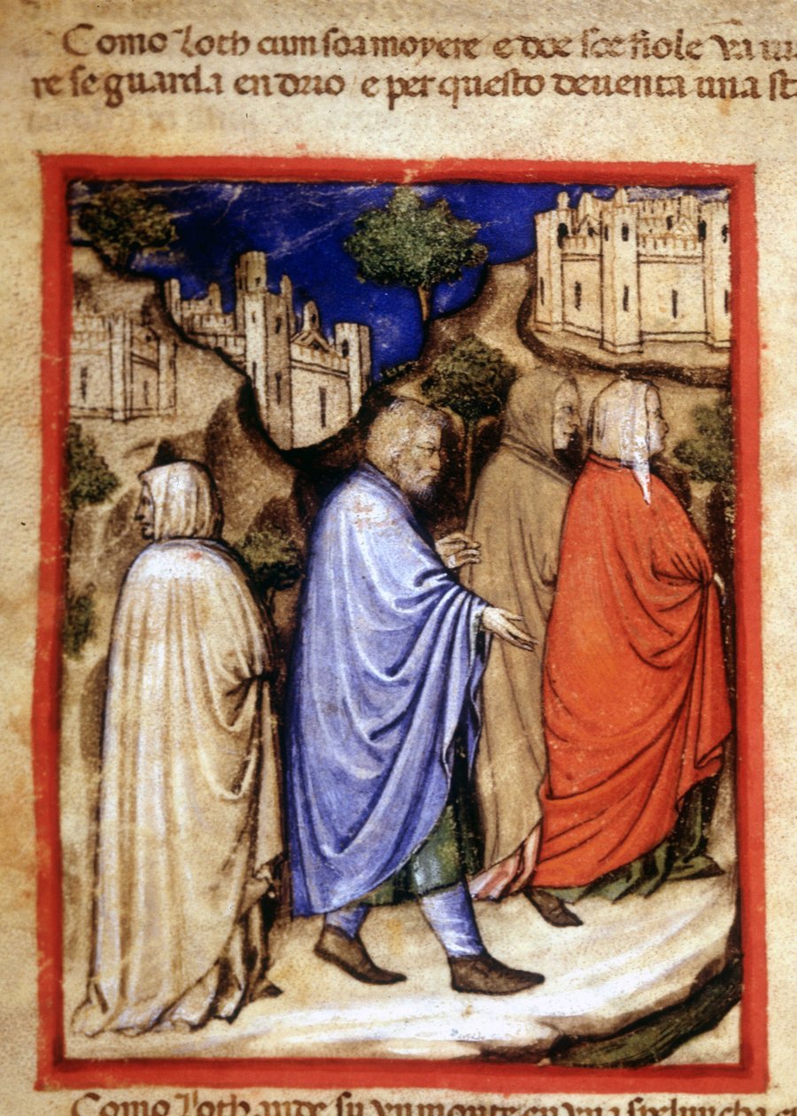 Lækagen af Loth og hans kone blev til en saltstatue for at se tilbage. Miniature fra codex 212 (eller padovano codice eller Bible of Padua) 1390-1400 Rovigo, Accademia dei Concordi af Unknown artist
