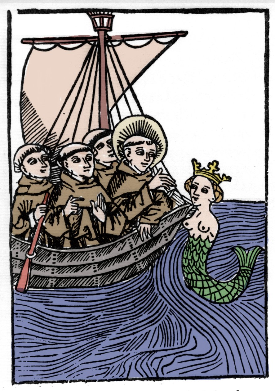 Legenden om Saint Brendan (Brandan), helte og irsk helgen fra det 6. århundrede. St. Brendans møde med Sirene. Indgravering af "" Die Wunderbare Meerfahrt des Hl. Brandan." balle af Unknown artist