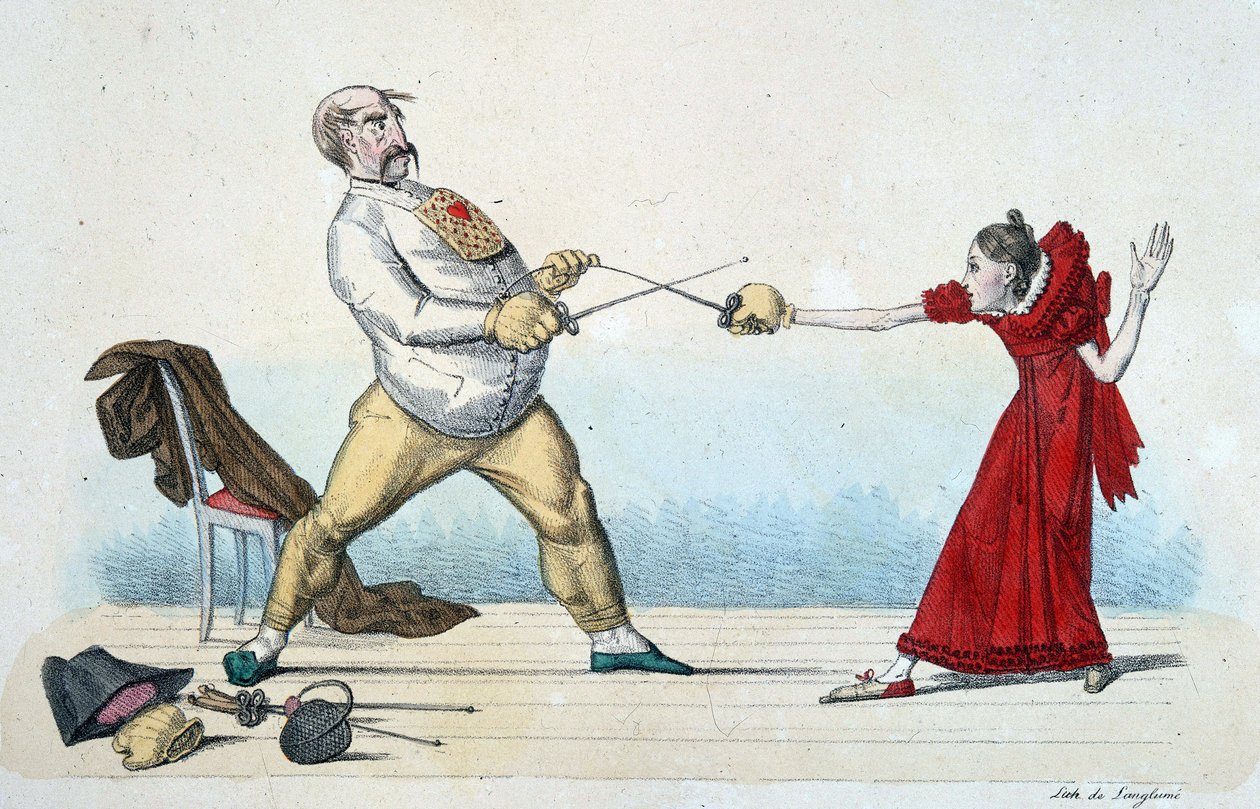 Læren om fægtning: hvordan man retter unge menneskers størrelse og forebygger ulykker - 1800-tallet, Musee Carnavalet. af Unknown artist