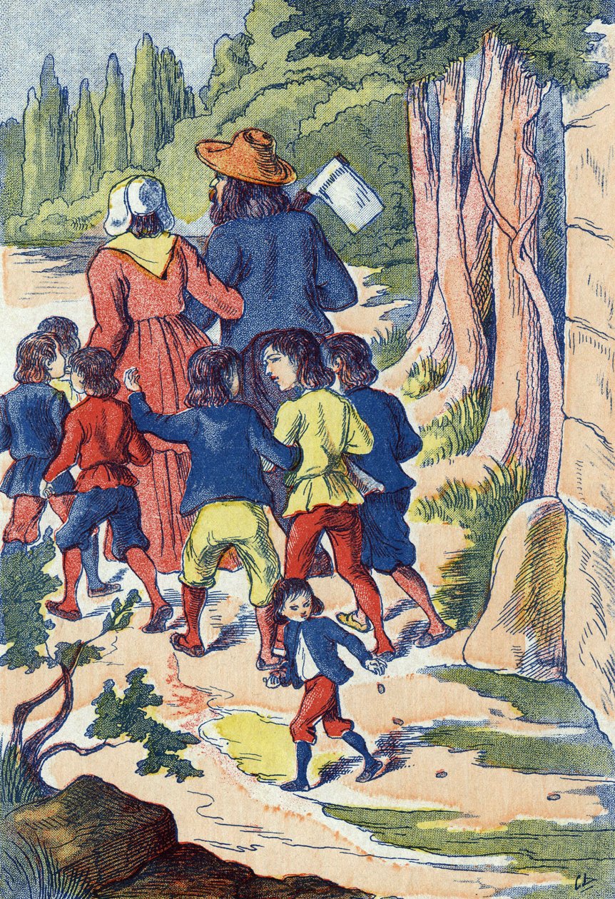 Den lille pose sår sten i vejen for ham. Illustration til "" Le Pepetit poucet"", fortælling af Charles Perrault (1628-1703), fransk forfatter. Anonym illustration. Billedmateriale Marcel Vagne, Jarville Nancy, udateret (slutningen af det 19. århundrede). af Unknown artist