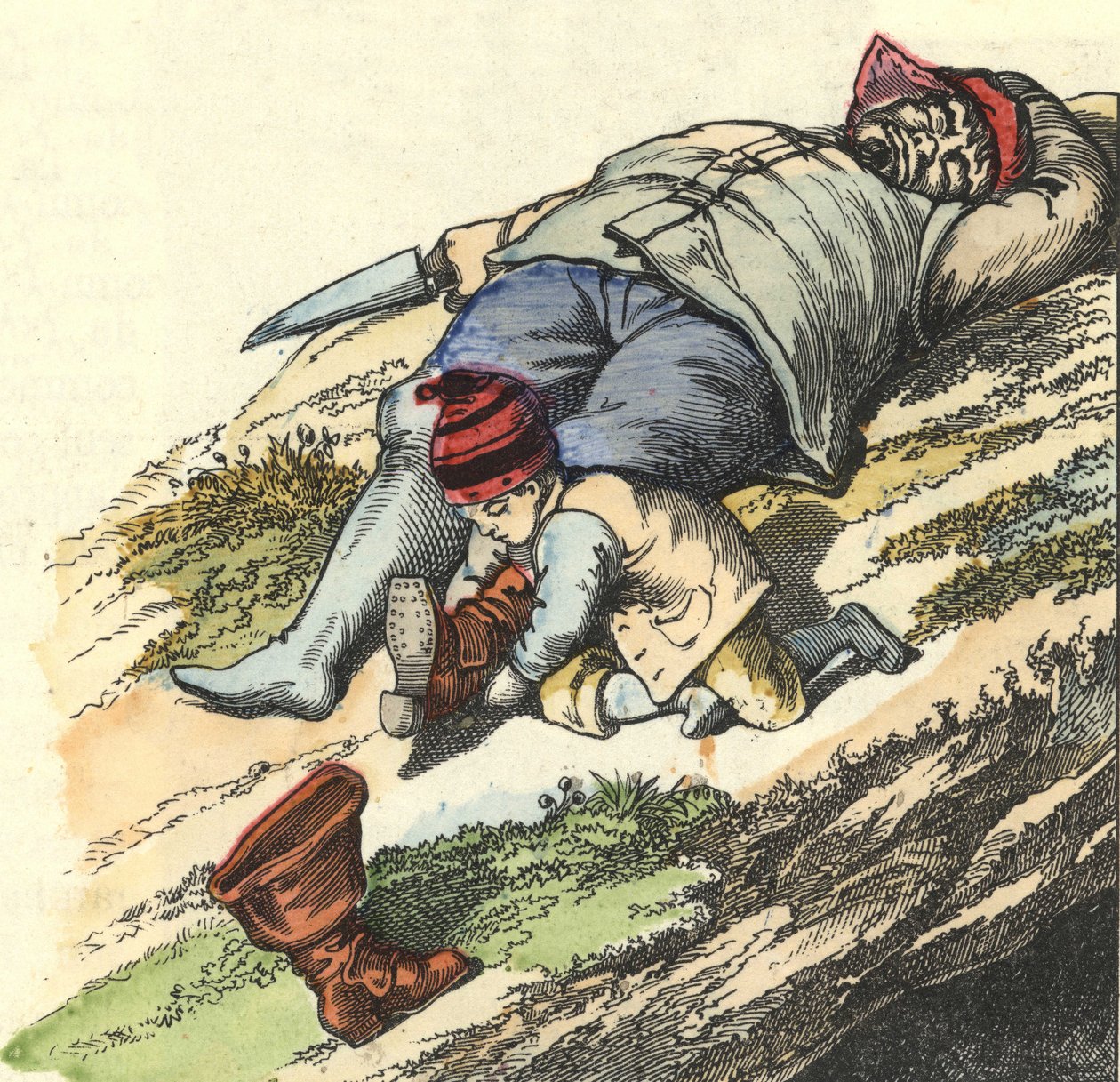 Den lille pose stjæler støvlerne fra 7 steder fra den sovende trold. Illustration af fortællingen "" Le Petit Poucet"" af Charles Perrault af Unknown artist