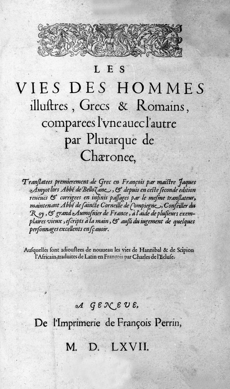 Berømte mænds liv. Side af Plutarch di Cheronees bog, også kaldet "Paralleles Lives"". schweizisk udgave 1567. af Unknown artist