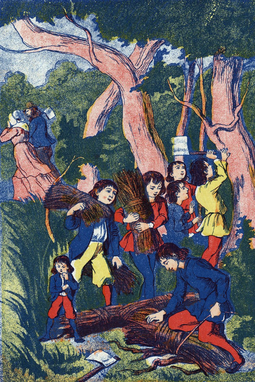 Træhuggerne forlader deres børn, Illustration til "" Le Pepetit poucet"", fortælling af Charles Perrault (1628-1703), fransk forfatter. Anonym illustration. Billedmateriale Marcel Vagne, Jarville Nancy, udateret (slutningen af det 19. århundrede). af Unknown artist