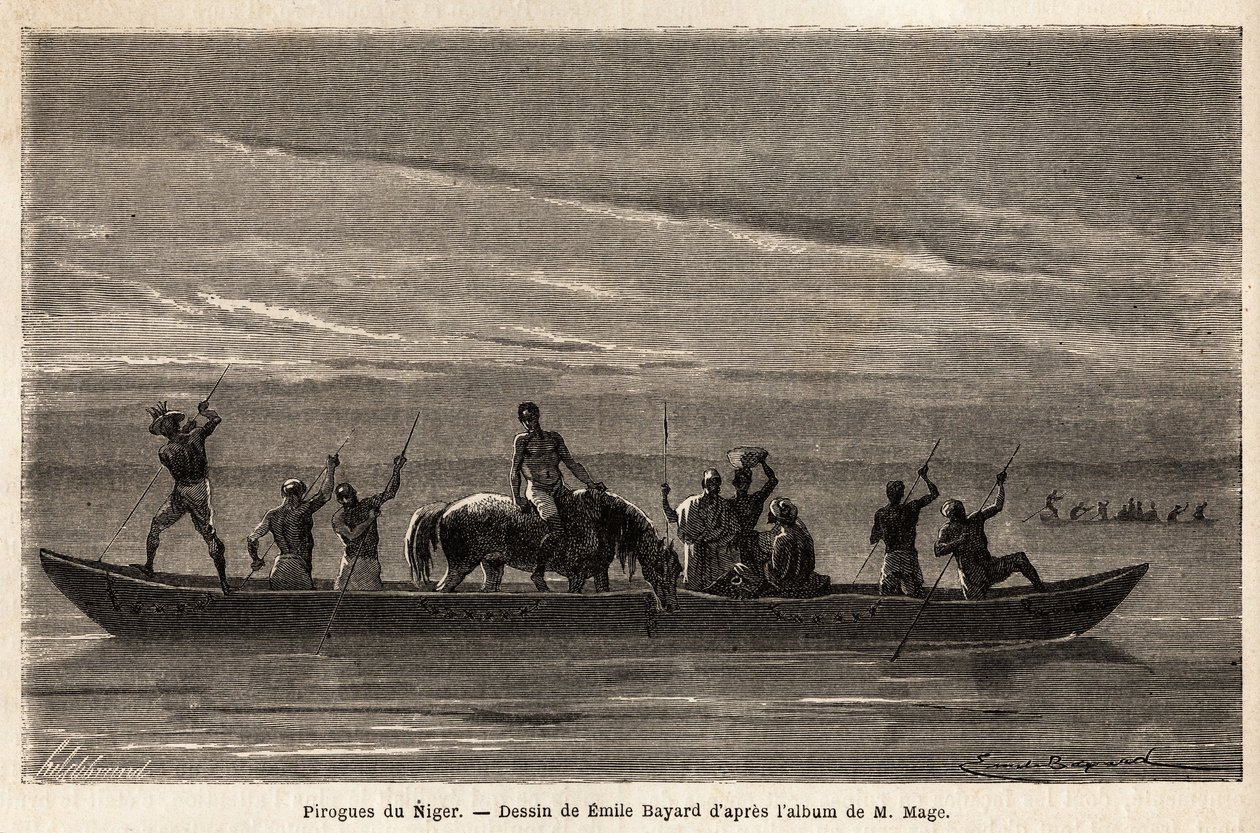 De lange kanoer i Bambaras ved Niger-floden, manøvreret med lange siddepinde, kan bære flere mennesker og endda kvæg eller heste. Gravering til illustration af løjtnant (Flåden) M. Mages rejse til Vestsudan i 1863-1866, offentliggjort i "Le tour du mo af Unknown artist