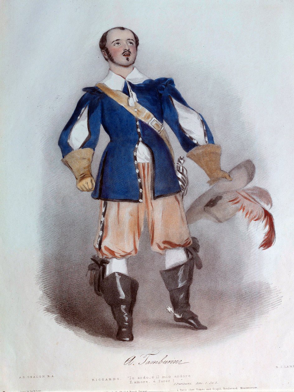 Den lyriske sanger Antonio Tamburini (1800-1876) i rollen som Riccardo for operaen "I puritani"" af Vincenzo Bellini (1801-1835), akvarel fra 1836. Paris, Operamuseets bibliotek af Unknown artist
