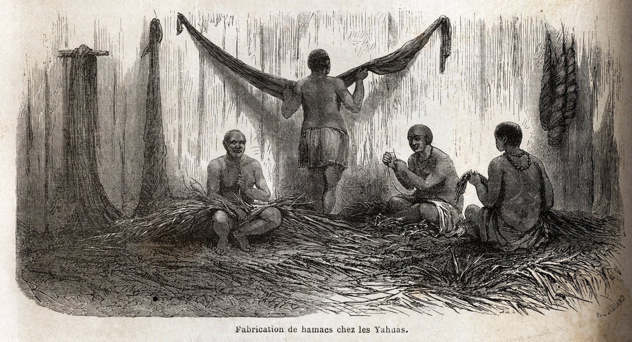 Fremstillingen af hængekøjefileter blandt Yahua-indianerne i Peru, ud fra tynde tråde af palme-chambira-træer. Indgravering til illustration af rejsen fra Stillehavet til L