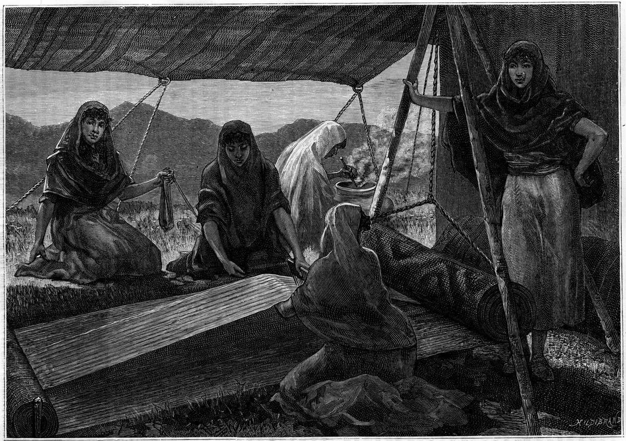 Fremstilling af tæpper af nomadiske kvinder i Persien. Indgravering i journalen "" La jeunesse"" af Unknown artist