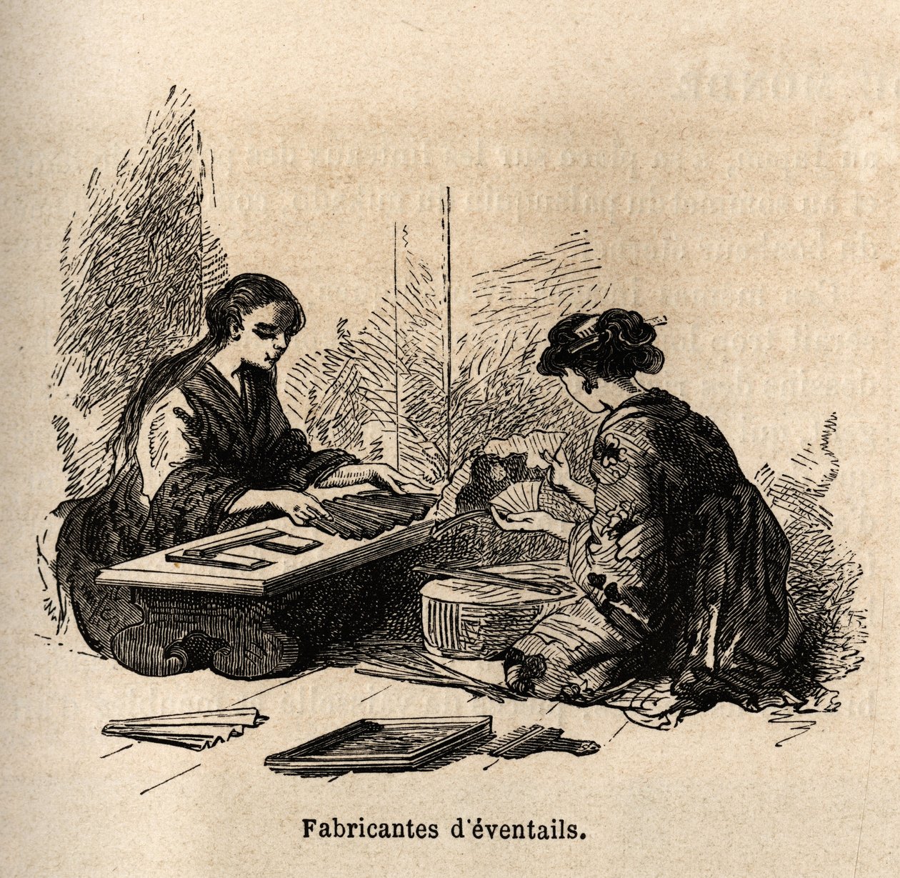 Fremstilling af eventtails. Indgravering til illustration af rejsen til Japan i 1863-1864 af Aime Humbert, minister for Det Schweiziske Forbund, i "Le tour du monde, nouveau journal des voyages", udgivet under ledelse af Edouard Charton af Unknown artist