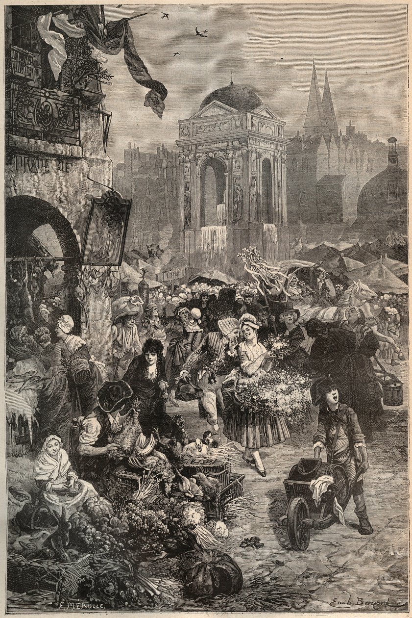 De uskyldiges march og springvand, Paris i det 18. århundrede - gravering af det 19. århundrede af Unknown artist