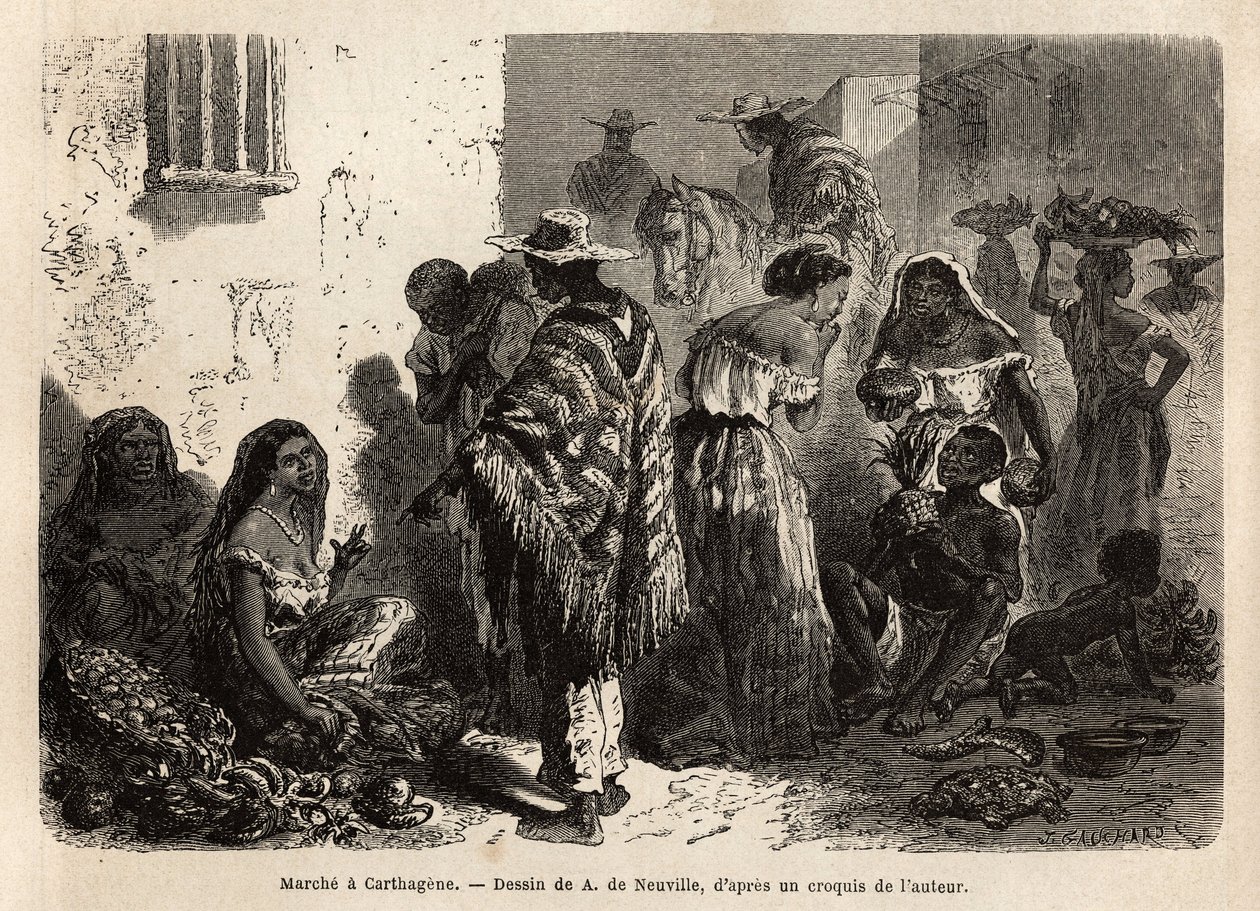 Marchen i Cartagena (Colombia), i byens forstæder, frekventeres hovedsageligt af sorte, metis og indianere. Indgravering til illustration af rejsen til New Granada af Dr. Saffray i 1869, udgivet i "" Le tour du monde""" 1872, redigeret af Edouard Charton, af Unknown artist