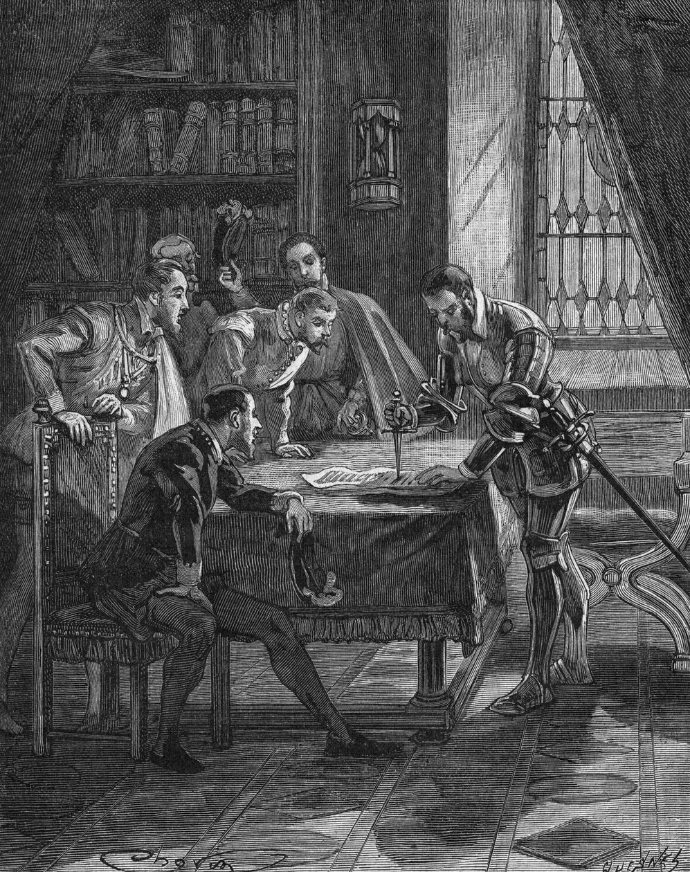 Marechalen fra Vieilleville planter sin dolk i et patent, hvorved kongen af Frankrig Henrik II (1519-1559) gav ham og de fem herrer, der var til stede i lokalet, ret til konfiskation af alle lånehajer og lutherianere i Guienne, Limousin, Quercy og S af Unknown artist