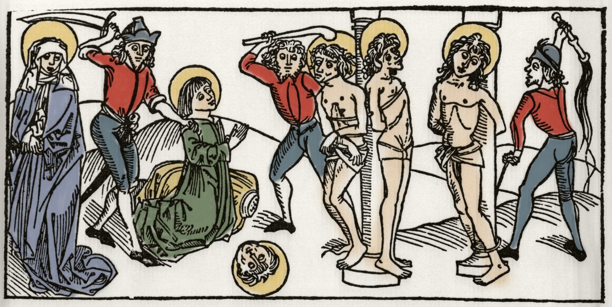 Sankt Felicites og hans syv sønner af Roms martyrium Indgravering fra "Leben der Heiligen - sommerteil" (Helgenbogen) af Jacobus (James) af Voragine (1228-1298). Lübeck 1488. af Unknown artist