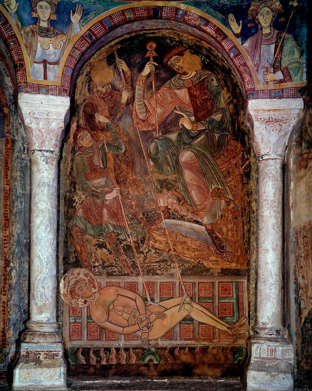 Saint Laurents martyrium (210/220-258) døde på grillen, fresko af byen Berze. 11. århundrede. Kapel af Moines, Berze la Ville af Unknown artist