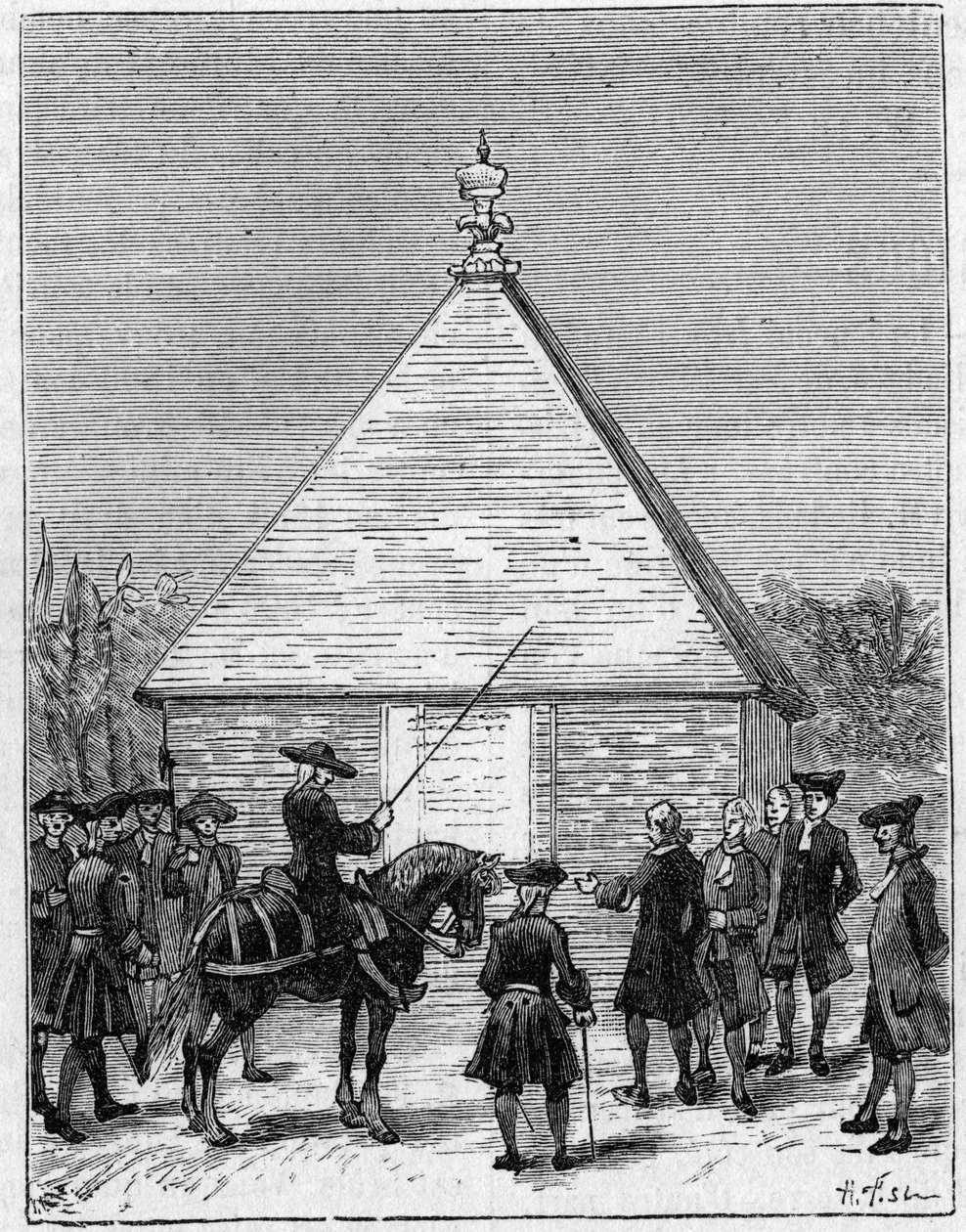Mål for graden af Ecuador i det 18. århundrede: pyramide af Carabourou, Peru, rejst af La Condamine i 1736. Indgravering i "" La Nature: revue des sciences et de leurs applications aux arts et a l