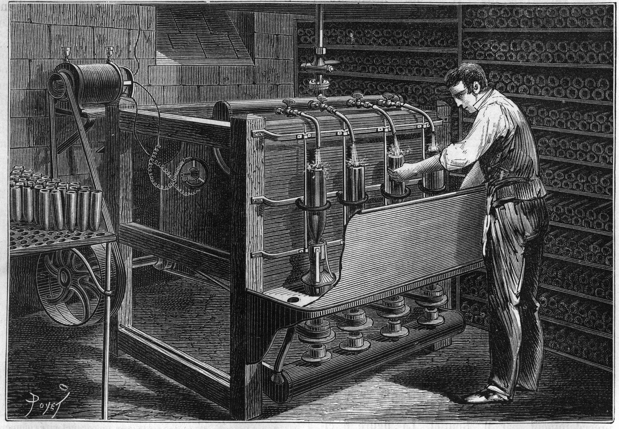 Den mekaniske installation af M. Marguery, restauratør, i Paris: automatisk flaskevaskemaskine, repræsenteret som betjent af en lille dynamoelektrisk maskine fra Gram (Zenobe Theophile Gram 1826-1901). Indgravering i "La Nature: revue des sciences et de le af Unknown artist