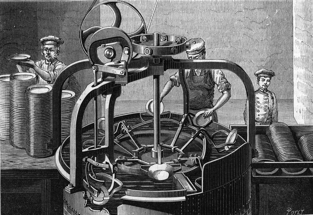 Den mekaniske installation af Mr. Marguery, restauratør, i Paris: automatisk maskine til vask af tallerkener. Operatøren placerer en snavset plade i maskinen med højre hånd og fjerner den plade, der er blevet renset med venstre hånd. Indgravering i "La af Unknown artist