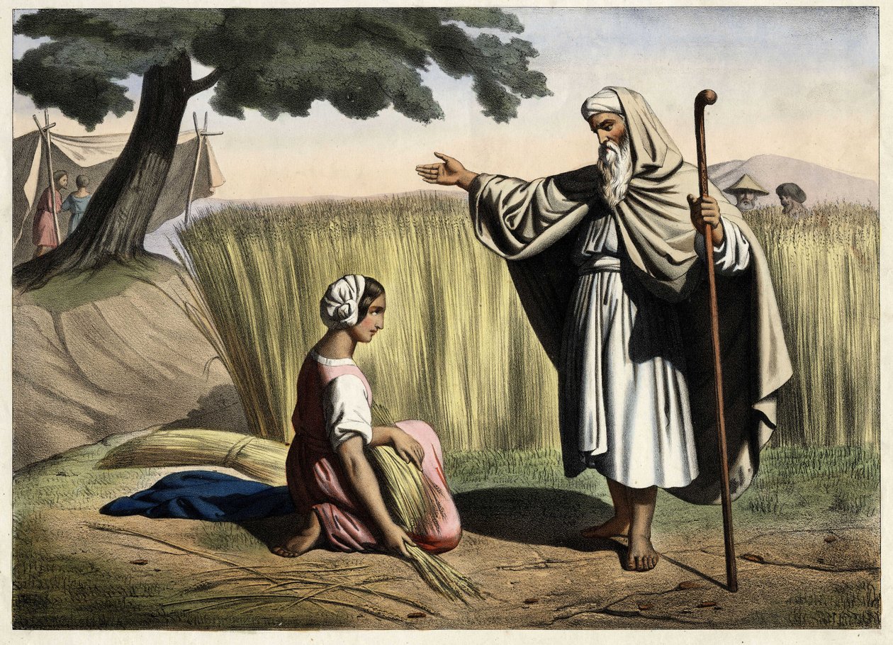 Mødet mellem Ruth og Boaz (Booz), bedsteforældre til kongen af Israel David (1000-972 f.Kr.). Anonym stik fra midten af 1800-tallet. af Unknown artist
