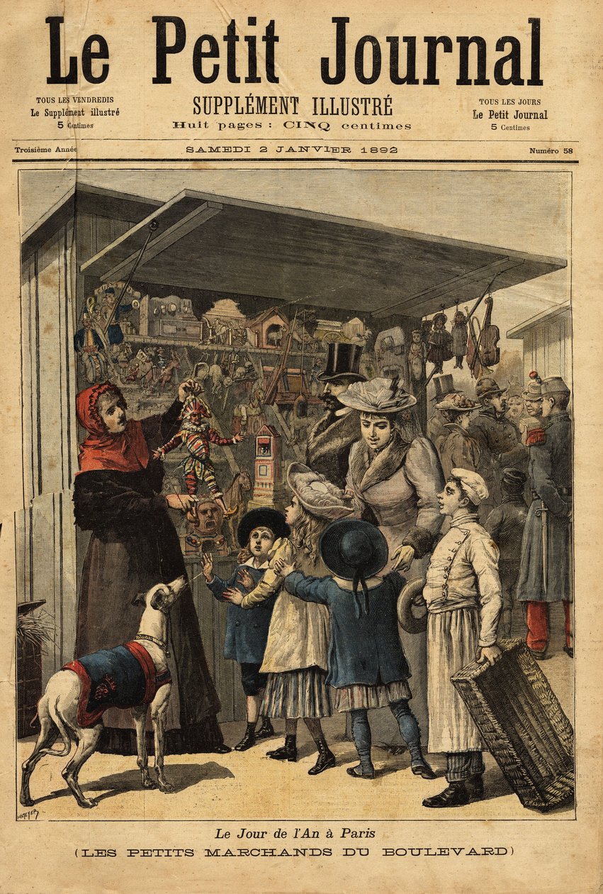 Købmændene og deres boulevard vises på årets dag i Paris. Indgravering i "" Le petit journal"" 2/01/1892. Selvas samling. af Unknown artist