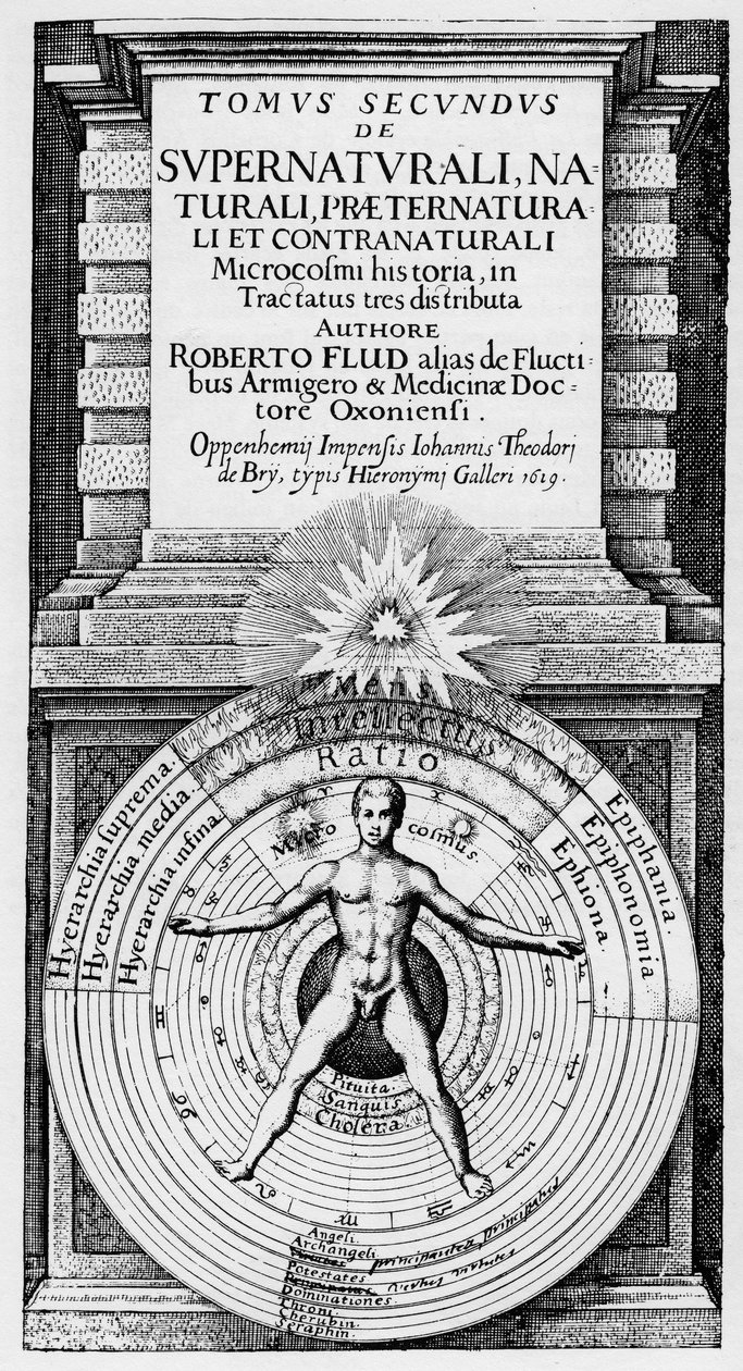 Mikrokosmos og makrokosmos - Allegorisk repræsentation af menneskets position i universet (mennesket af vitruva): menneskets (mikrokosmos) forhold til makrokosmos symboliserer ved sfærerne af Solen, Månen og planeterne, forskellige temperamenter og t. af Unknown artist