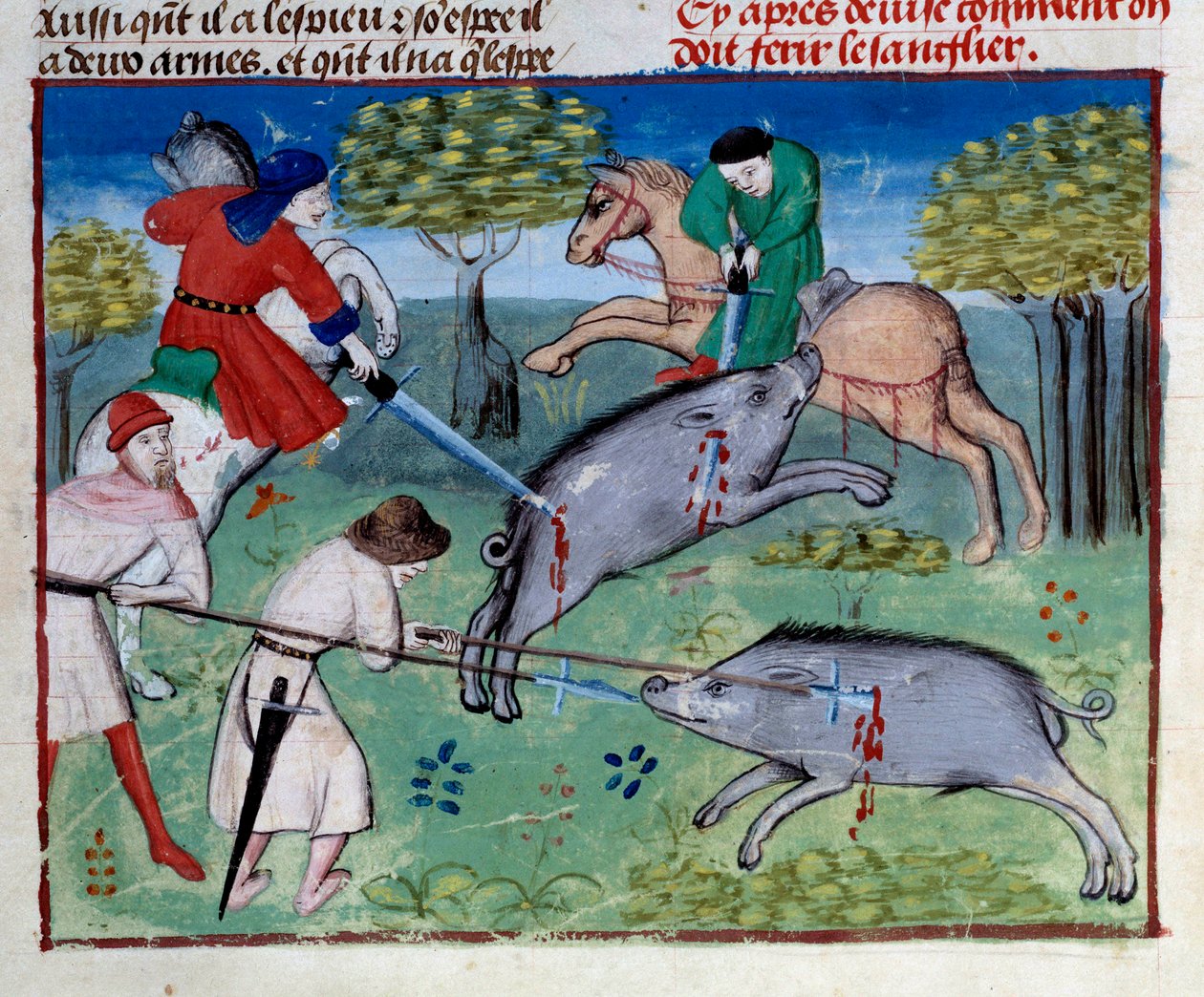 Miniature-vildsvinejagten fra ""The book of hunting"" af Gaston III Phoebus, greve af Foix, Lord of Bearn (1331-1391) af Unknown artist