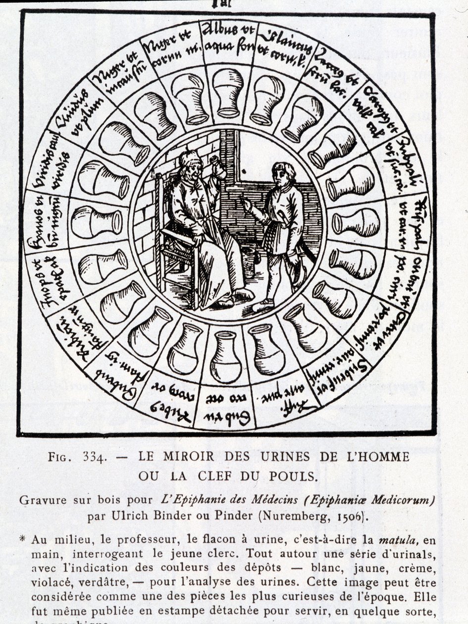Spejlet af menneskets urin eller "" Nøglen til pulsen""" - trægravering i "" The epiphany of doctors"" af Pinder (eller Binder), Nürnberg af Unknown artist