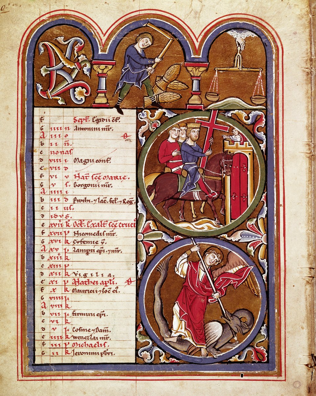 September måned, landbrugsarbejde (høst, tærskning af hveden med en blomst), festen for korsets ophøjelse, St. Cividale, Mus af Unknown artist