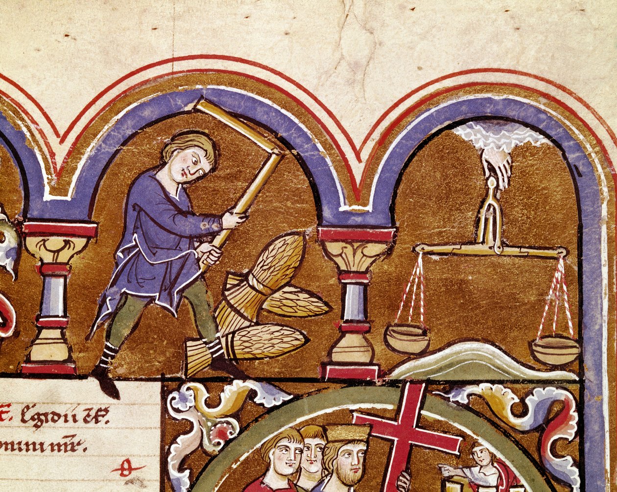 September måned, landbrugsarbejde, høst, tærskning af hvede med en blomst Detalje af en manuskriptside hentet fra "" The Psalter of Saint Elizabeth"" Cividale fra det 13. århundrede, Museo Archeologico af Unknown artist