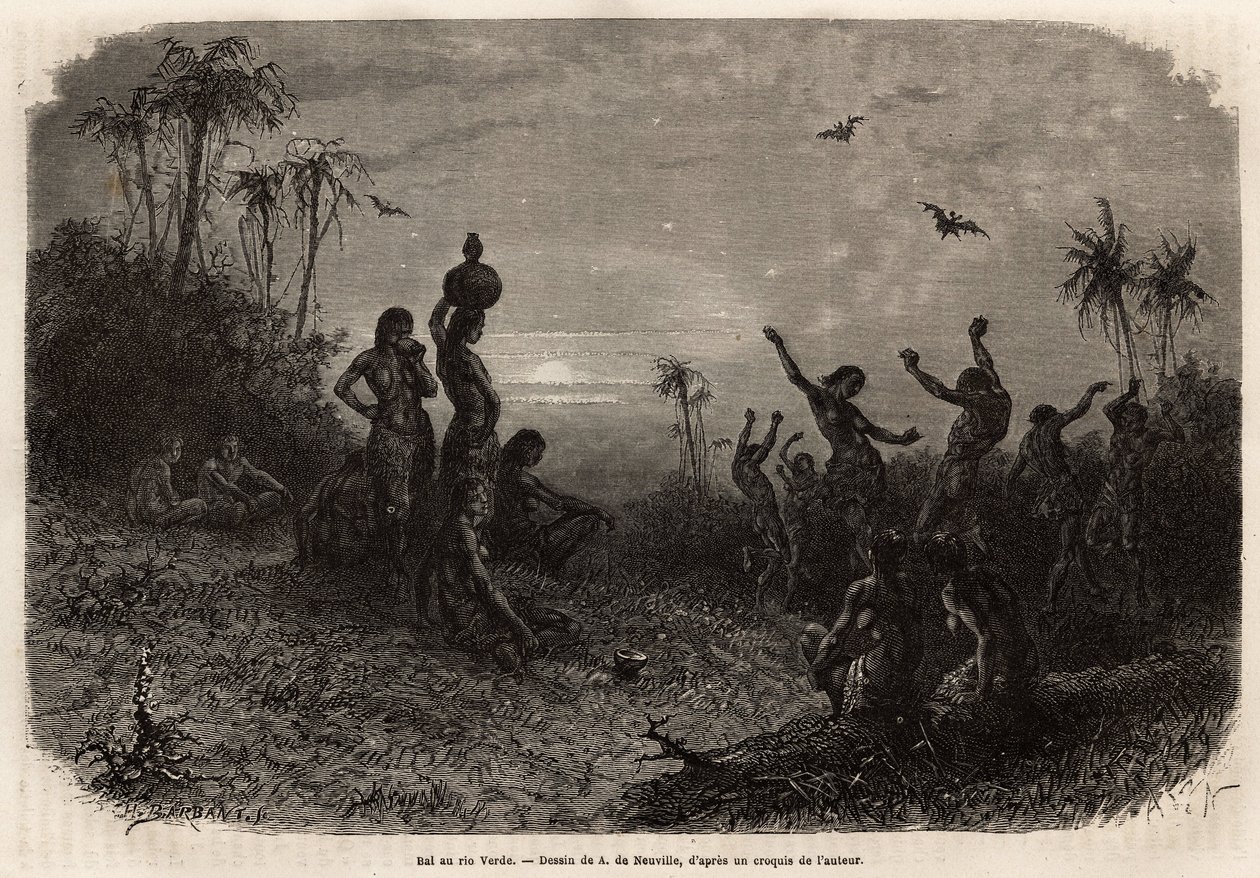 Måneskinskuglen, som afslutter 18 års jubilæumsceremonien og brylluppet af en ung indisk mand fra Rio Verde (Brasilien). Indgravering til illustration af rejsen til New Granada, af Dr. Saffray, i 1869, udgivet i "" Le tour du monde""" 1873, redigeret af af Unknown artist