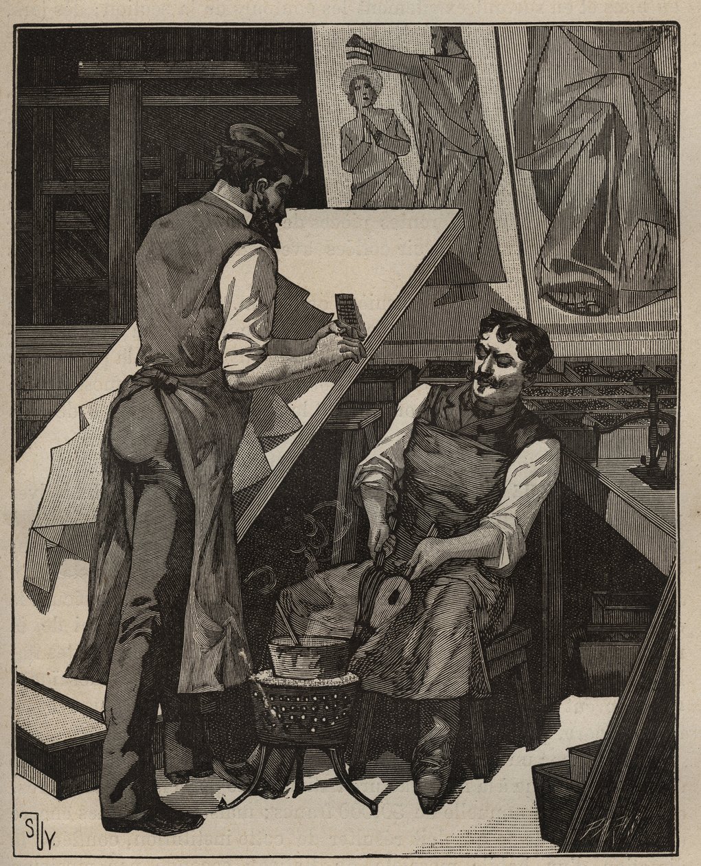 Mosaikken: mosaikværksted. Indgravering fra 1885 i "" Les arts et metiers illustres"" af Adolphe BITARD. af Unknown artist