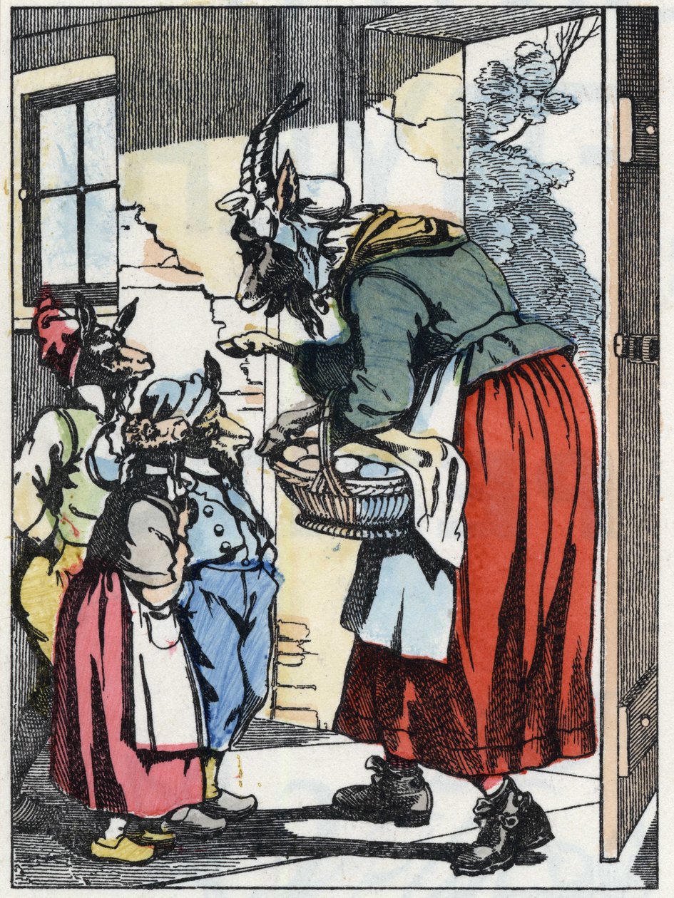 Gedemoderen tager af sted og advarer sine biketter. Illustration af fortællingen "Compere le Loup, Maitre Renard, Comere la Chevre et ses petits biquets"" efter en fabel af Jean de la Fontaine. I “”Fortællinger fra hjemmet for de mindste””. Anonym e af Unknown artist