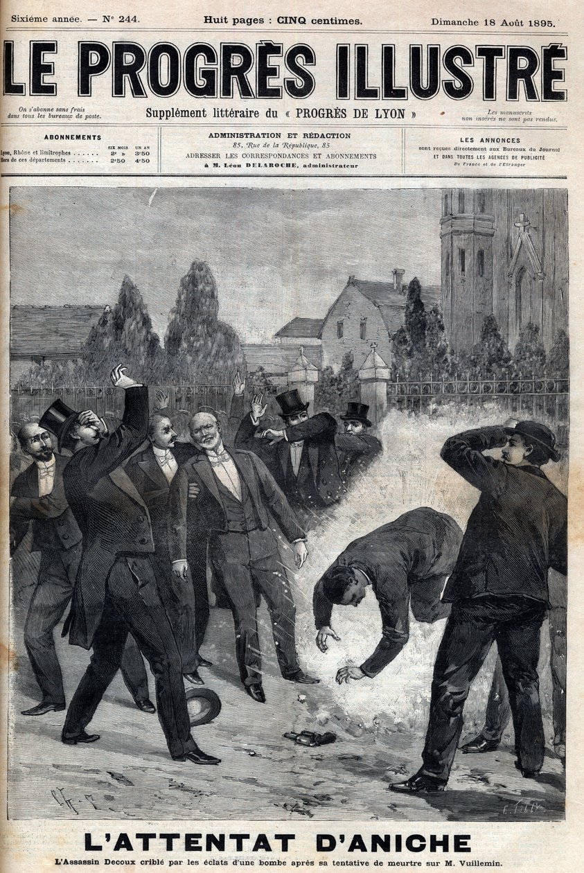 Morderen Clement Decoux er offer for sit angrebsforsøg på Emile Vuillemin (1822-?), direktør for minerne i Aniche, der fejrer dagen den 4. august 1895, hans 50-års jubilæum i spidsen for kulproduktionen - indgravering i "Le Progres" illust af Unknown artist