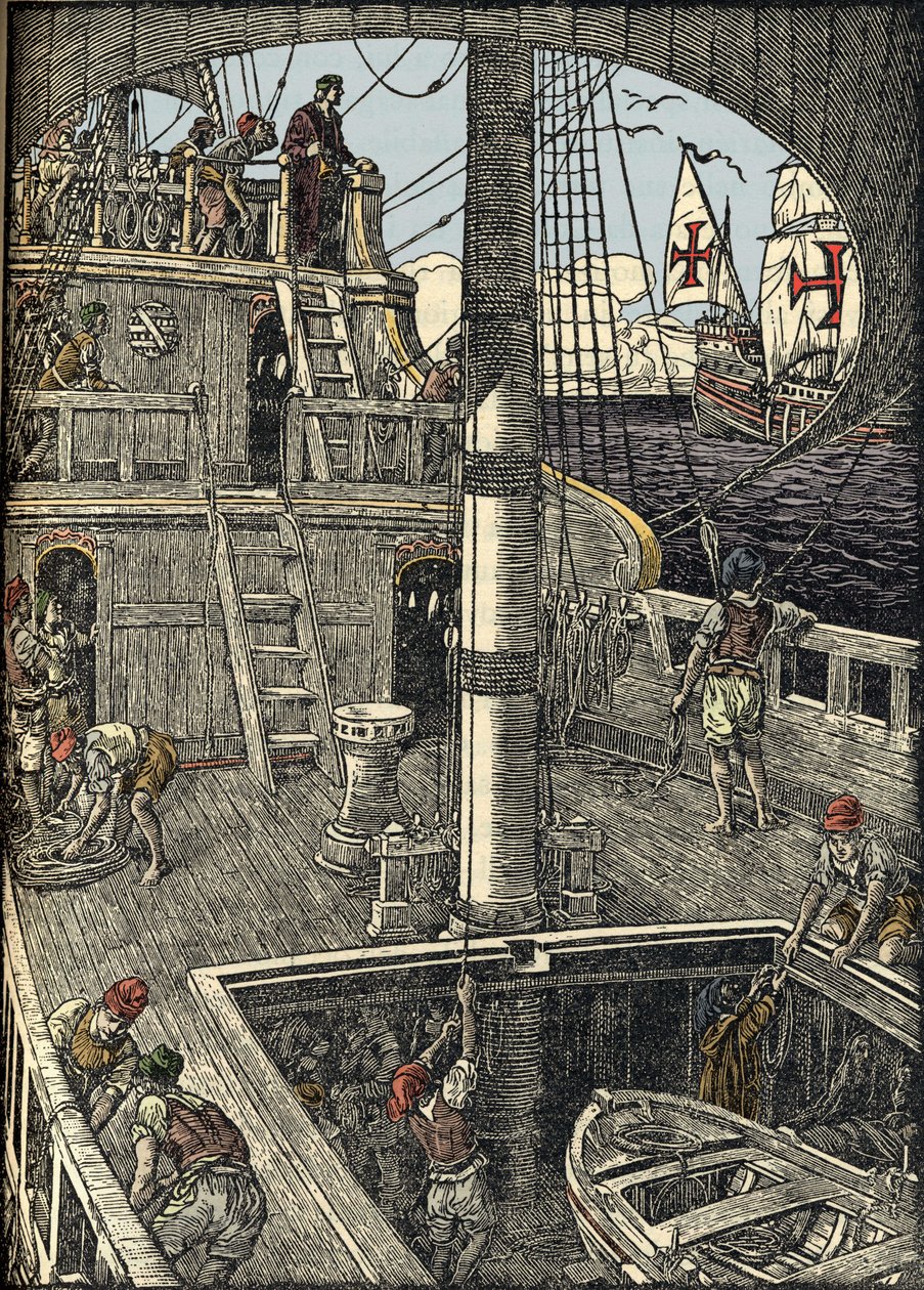 Navigatøren Christopher Columbus (1451-1506) ombord på sin karavel. af Unknown artist