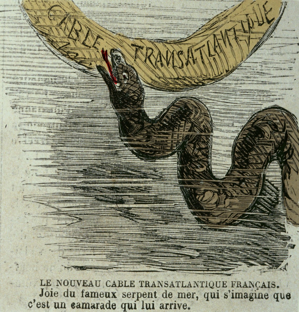 Det nye franske transatlantiske kabel - Joy of the berømte søslange, der forestiller sig, at det er en kammerat, der kommer til ham. Humoristisk tegning på den gigantiske søslange og det transatlantiske kabel lagt i 1858. Æragravering. af Unknown artist