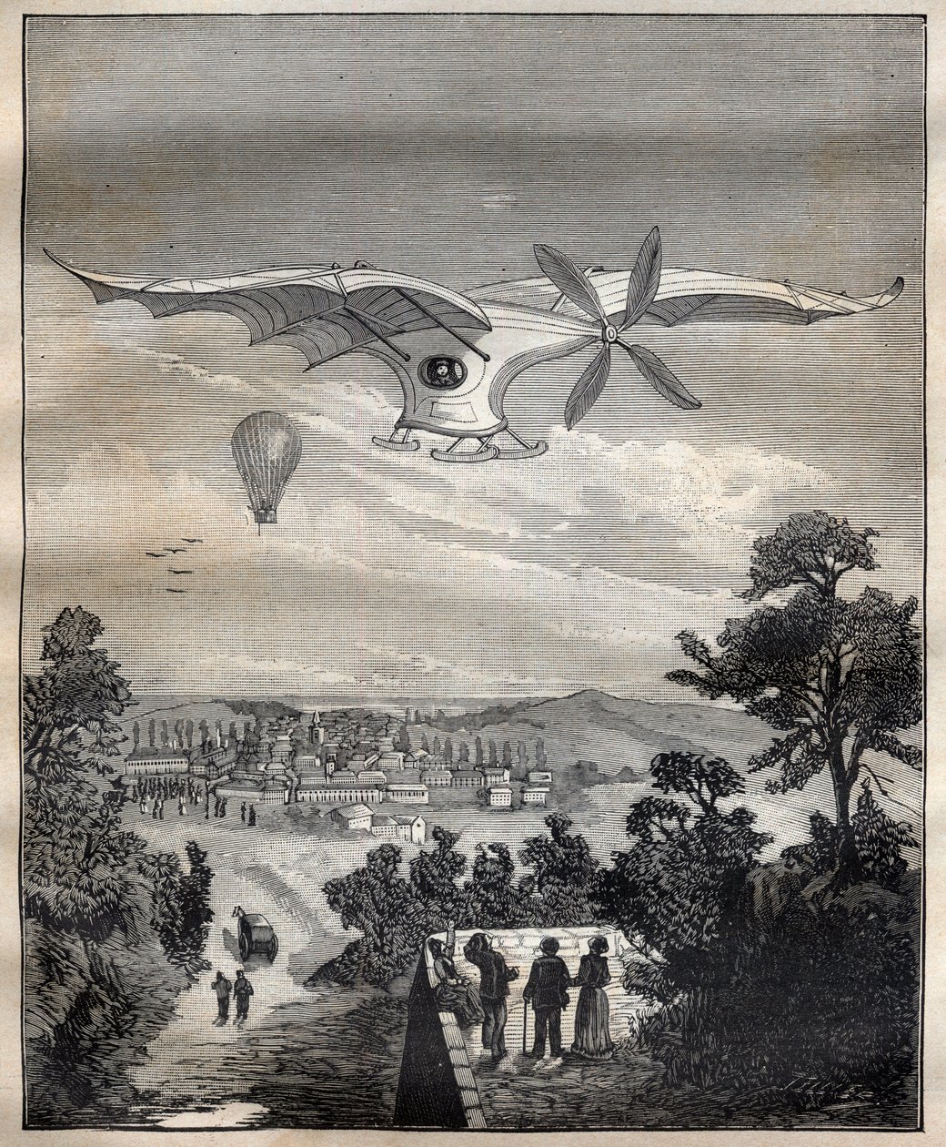 De nye aerostater: fuglen fra Clement Ader (1841-1925), Eole, under et eksperiment i parken Eugene Pereire nær Paris i 1891, ville den have fløjet 15 m over jorden - Indgravering i "La Science francaise" af Unknown artist