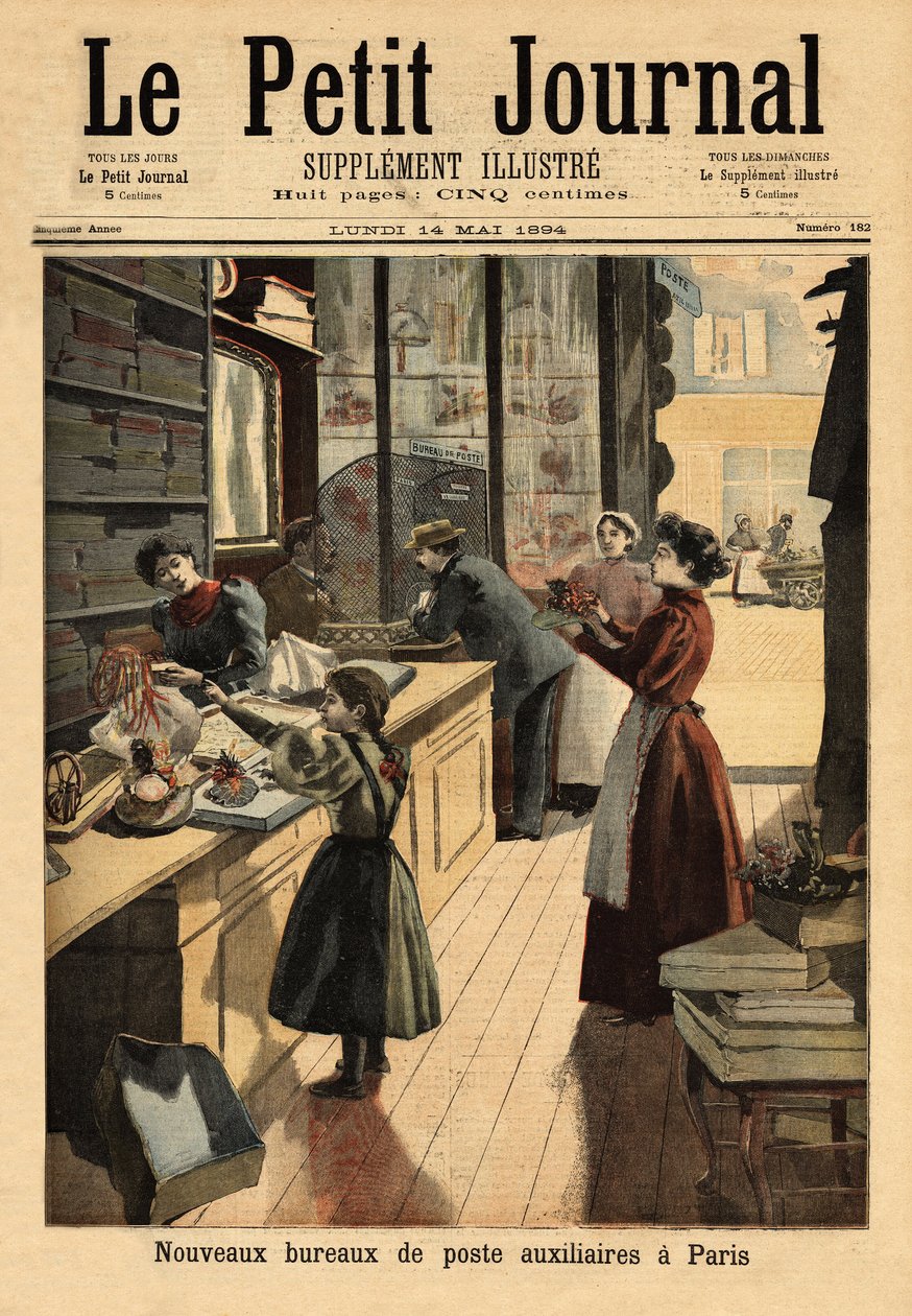 De nye hjælpepostkontorer i Paris åbner nogle forhandlere en postskranke parallelt med deres kommercielle aktiviteter. Indgravering i "" Le petit journal"" 14/05/1894. Selvas samling. af Unknown artist