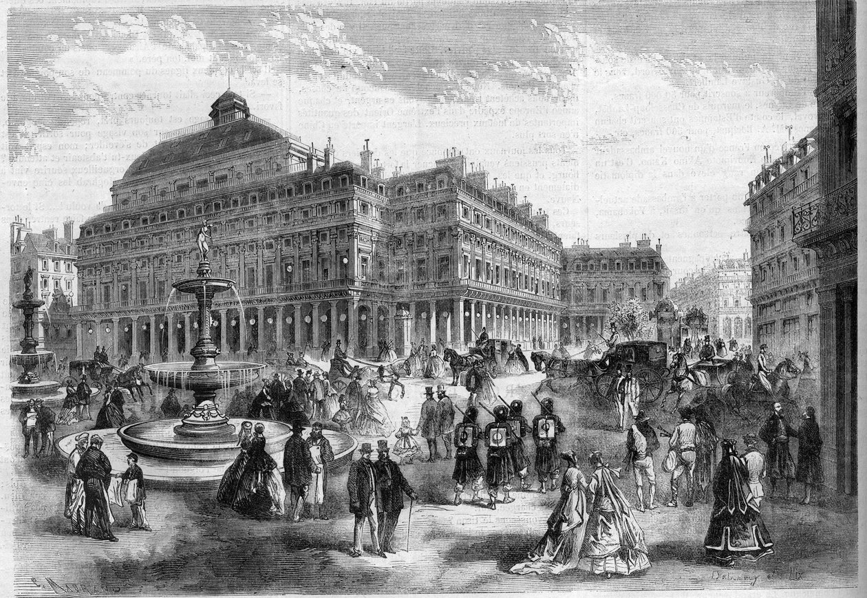 Det nye sted for det franske teater (Comedie Francaise) med springvandene projekteret ved Palais Royal (Palais Royal) i Paris. Gravering i "" L