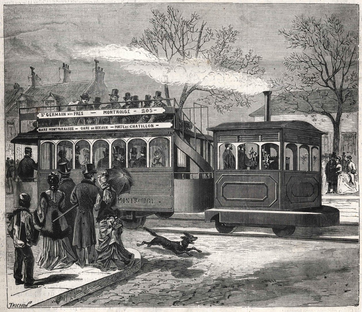 De nye dampsporvogne i Paris i 1876 kører på linjen Saint - Germain - des - Prés ved døren til Chatillon, gravering Bianchetti samling. af Unknown artist