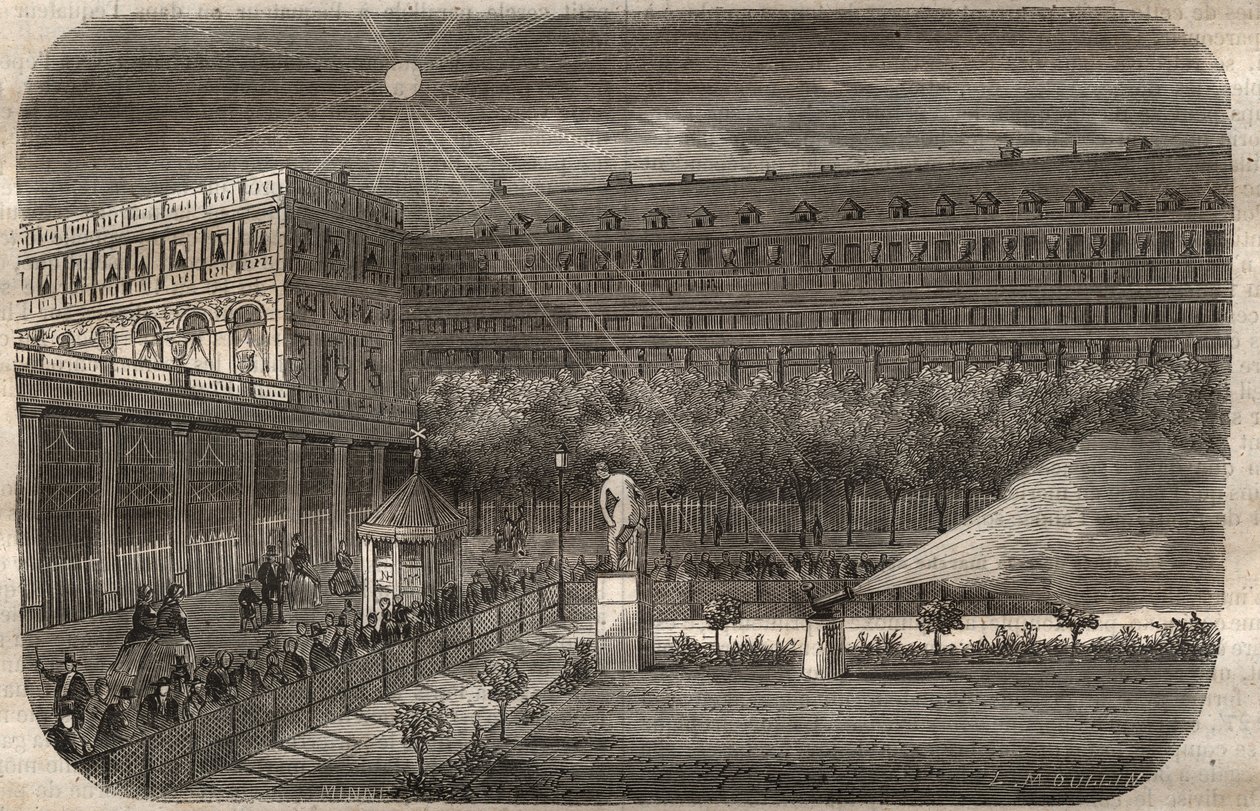 Middagspistolen (solkanonen) ved Palais Royal (Palais-Royal) i Paris. Indgravering fra 1857 i "" Le Musee Des Sciences"" af Unknown artist