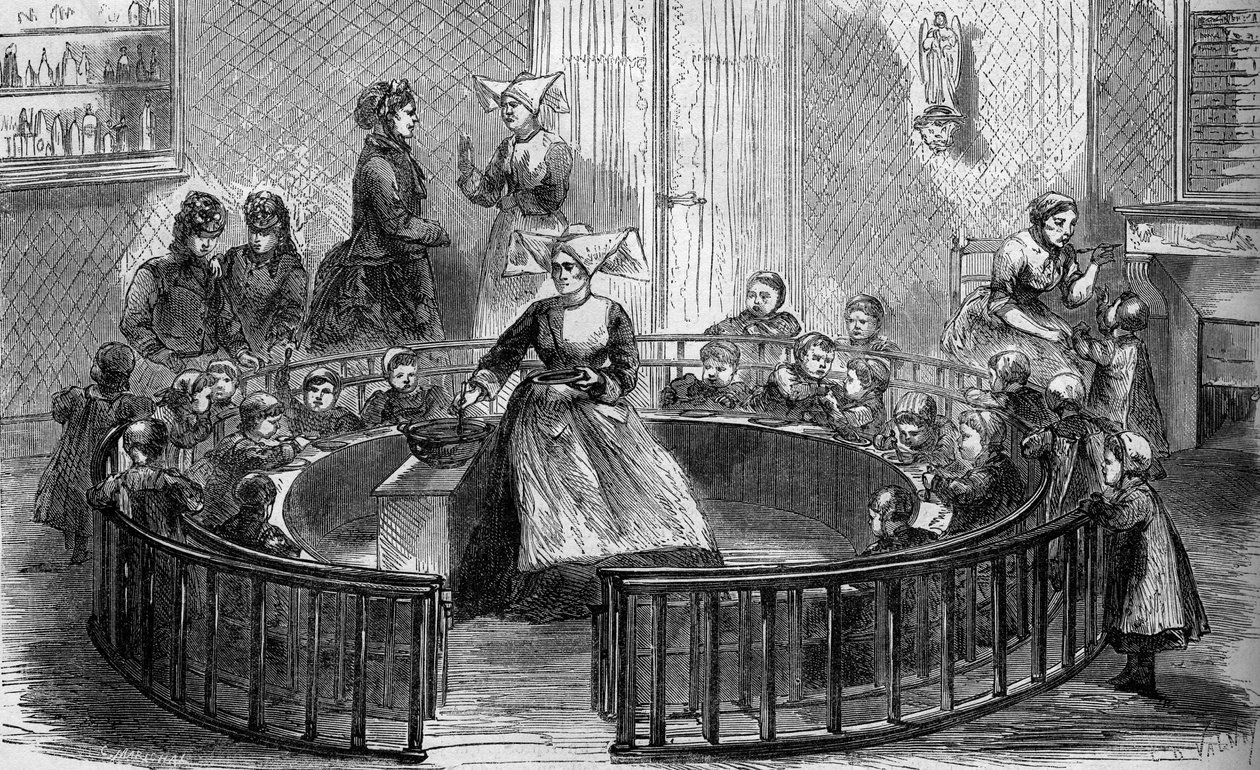 Vuggestuen i creche sainte eugenie de la rue de crimee i Paris i 1870. af Unknown artist