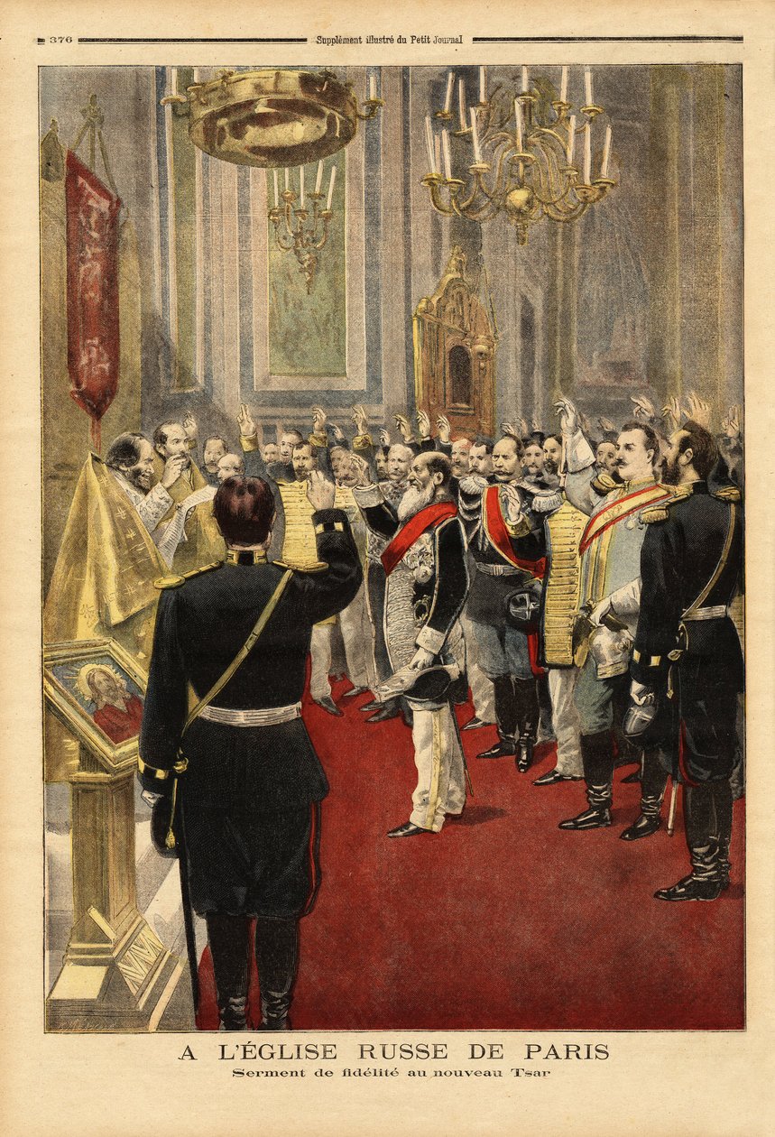 Troskabseden til den nye zar Nicholas II (1868-1918), i katedralen Saint Alexandre Nevsky, rue Daru, Paris. Indgravering i "" Le petit journal"" 18/11/1894. Selvas samling. af Unknown artist