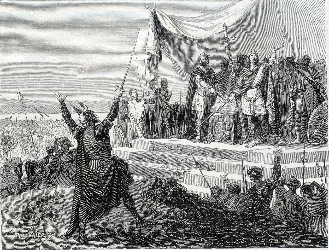 De to brødres ed før deres rustning: Karl II den Skaldede og Ludvig II germaneren aflægger ed mod Lothaire I (Strasbourgs ed 842). Indgravering af det 19. århundrede. af Unknown artist