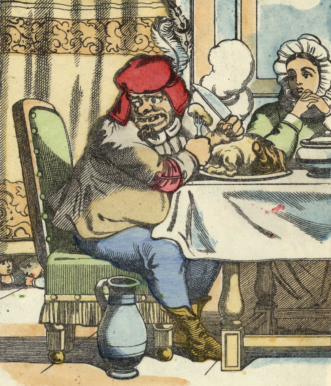 Trolden ved bordet føler tilstedeværelsen af lille Poucet og hans brødre. Illustration af fortællingen "" Le Pepetit Poucet"" af Charles Perrault af Unknown artist