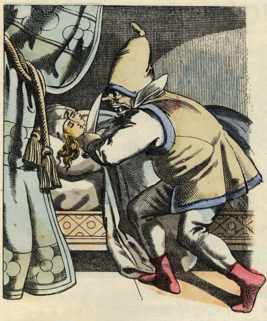 Trolden skærer hovedet af sine syv døtre og tænker på at dræbe den lille Poulet og hans brødre. Illustration af fortællingen "" Le Petite Poucet"" af Charles Perrault af Unknown artist