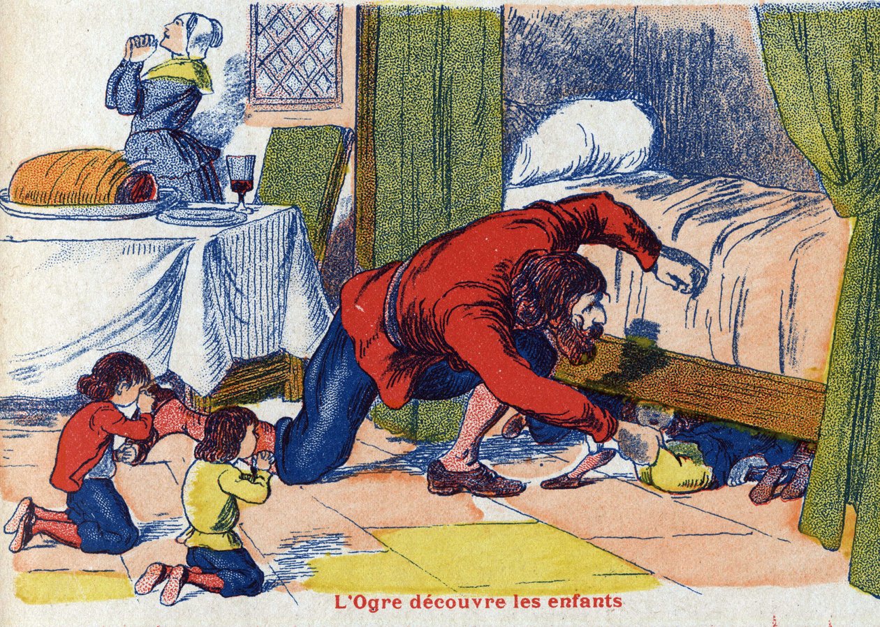Trolden opdager børnene. Illustration til "" Le Pepetit poucet"", fortælling af Charles Perrault (1628-1703), fransk forfatter. Anonym illustration. Billedmateriale Marcel Vagne, Jarville Nancy, udateret (slutningen af det 19. århundrede). af Unknown artist