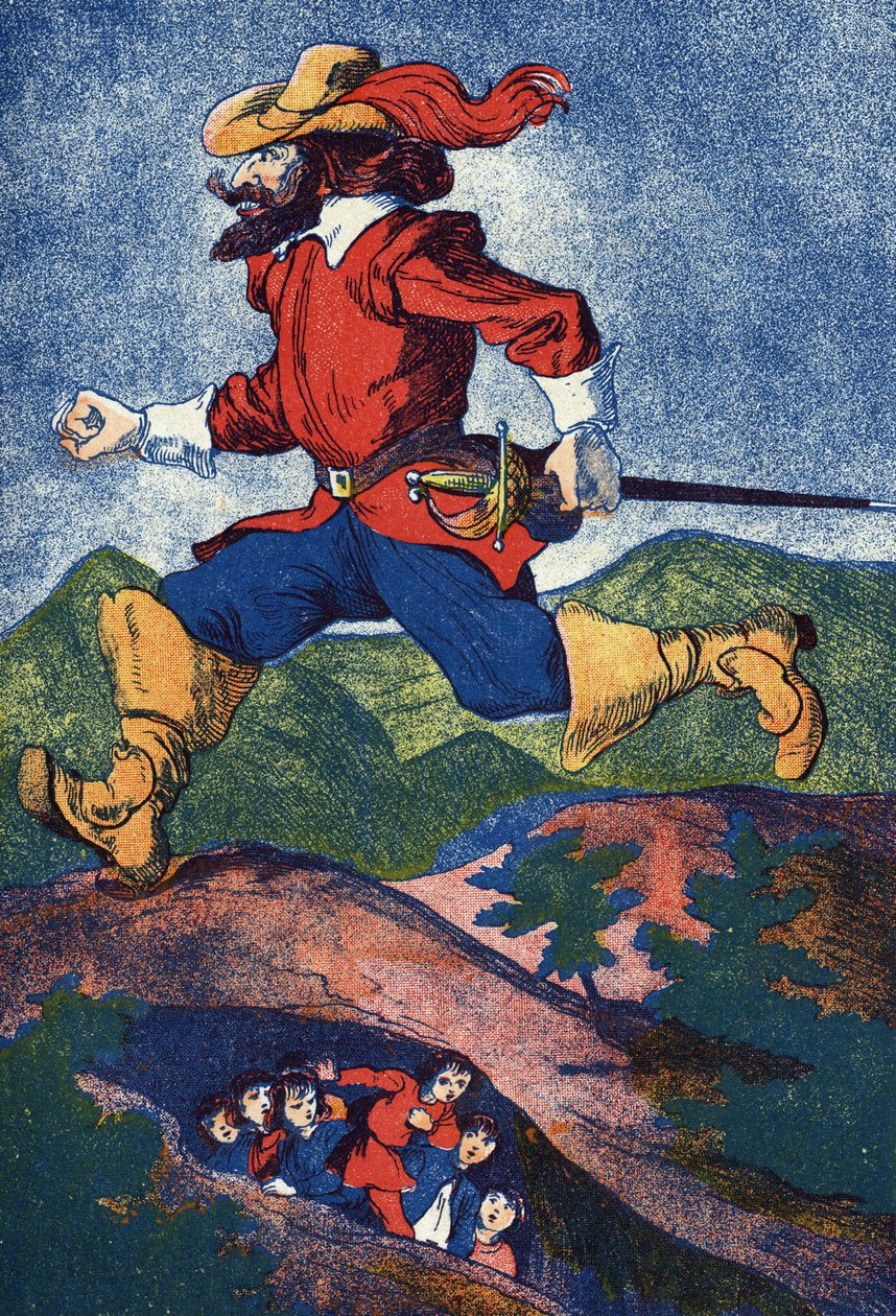 Trolden leder efter børn. Illustration til "" Le Pepetit poucet"", fortælling af Charles Perrault (1628-1703), fransk forfatter. Illustration anonym. Billedmateriale Marcel Vagne, Jarville Nancy, udateret (slutningen af det 19. århundrede). af Unknown artist
