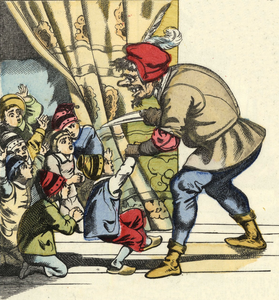 Trolden tager et barn med den hensigt at fortære hende. Illustration af fortællingen "" Le Pepetit Poucet"" af Charles Perrault af Unknown artist