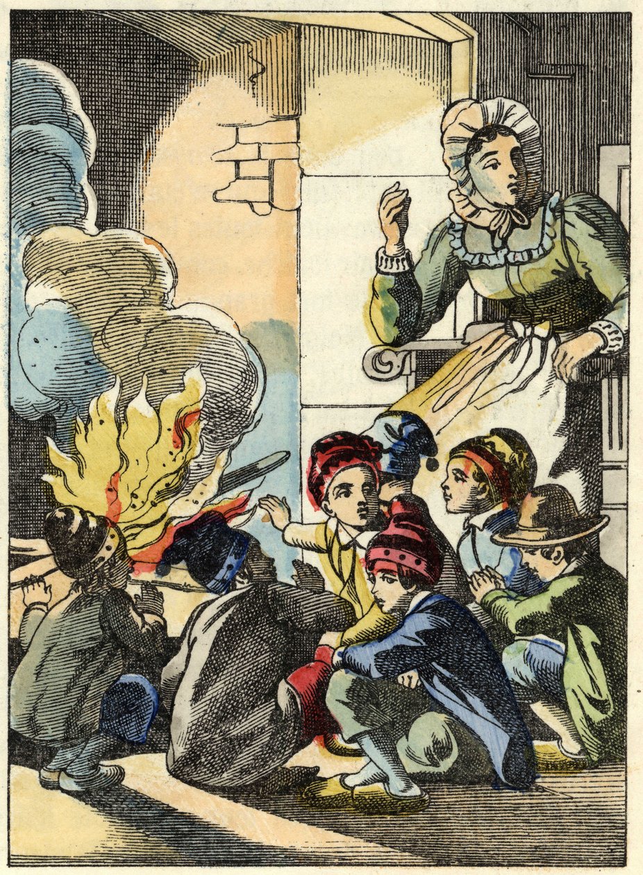 Troldens kone opvarmer den Lille Poucet og hans brødre med bål. Illustration af fortællingen "" Le Pepetit Poucet"" af Charles Perrault af Unknown artist
